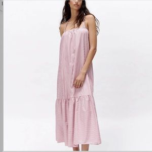 Zara red + white thin stripe poplin maxi dress cotton size XS